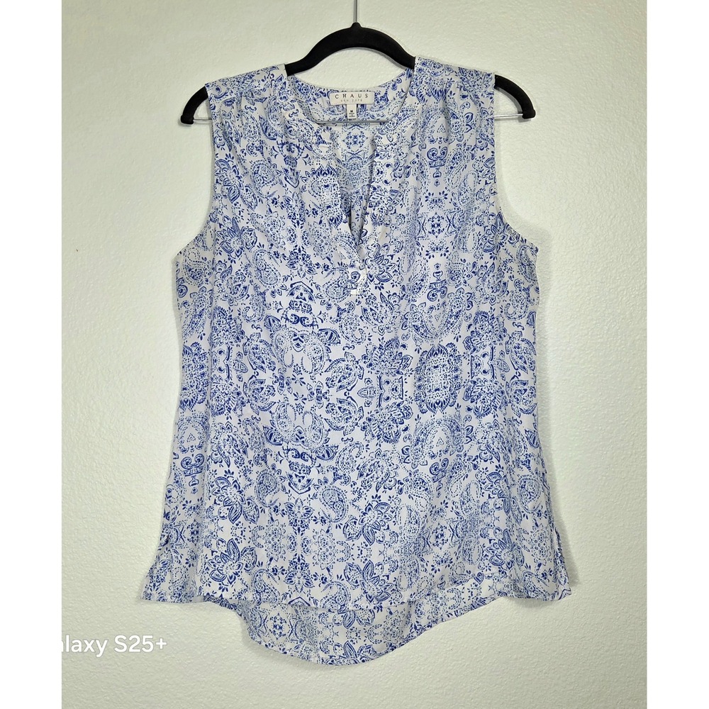 Chaus New York Womens Blue White Paisley Sleeveless V-Neck Blouse Size M